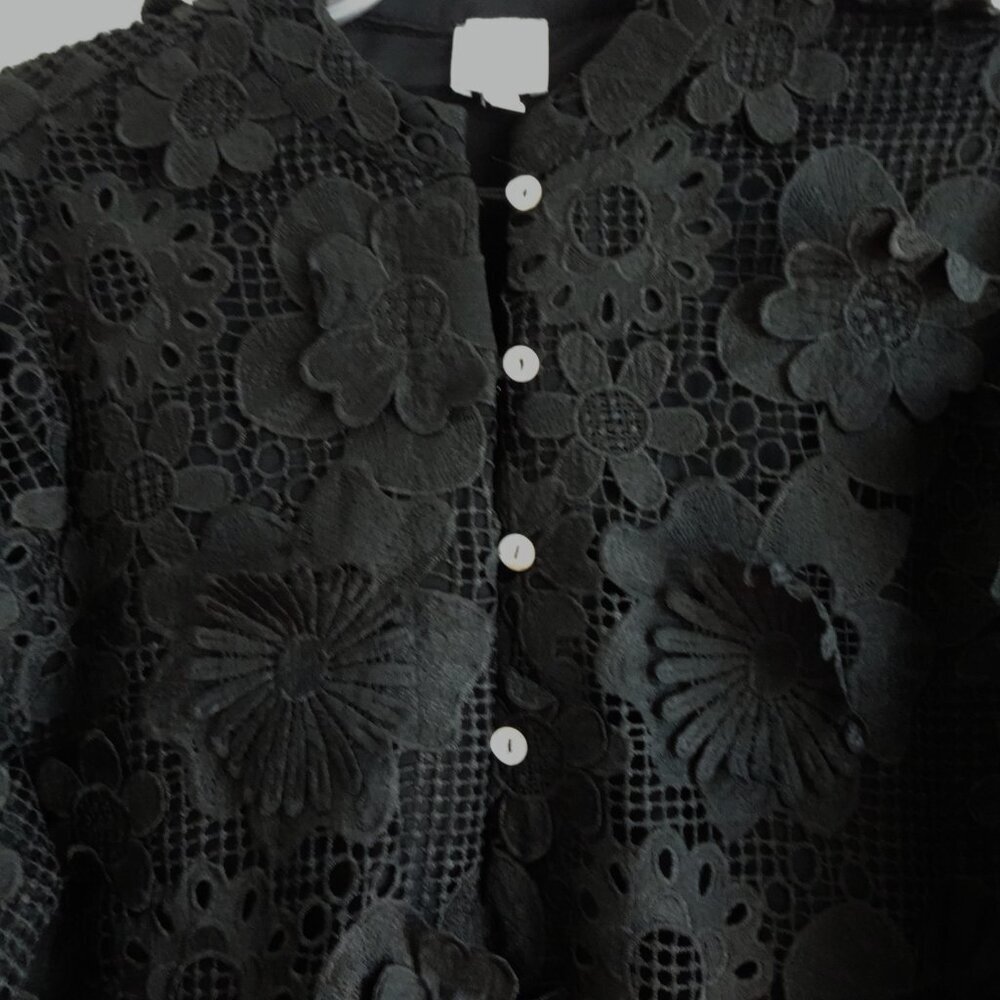 J.Marie Seraphina Dress Size S Black Short Floral 3D Lace Long Sleeve Shift NEW - Picture 5 of 9